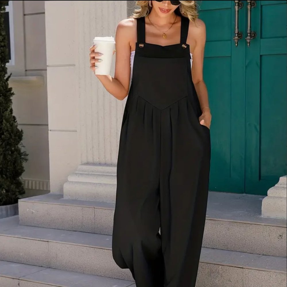 Black Overalls Solid Pleated Wide Leg Jumpsuit Wi… - image 1